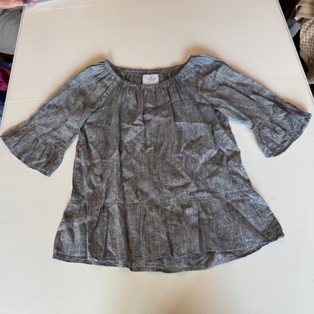 Crown Linen Designs 100% Linen Grey Bell Sleeve Tunic Top Size Small Lightweight